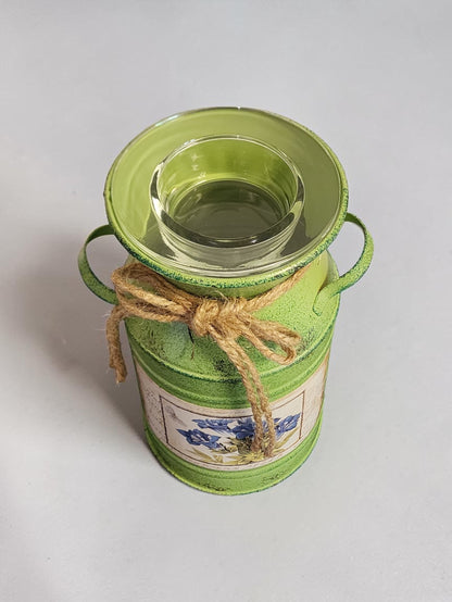 Rustic Green Milk Can Wax Melt Warmer-Vintage Farmhouse Electric Burner With Twine Bow and Blue Floral Detail