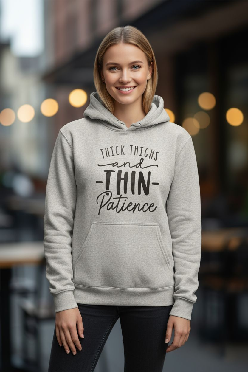 Thick Thighs & Thin Patience Hoodie – Funny Sassy Graphic Hoodie for Women - Saucy and Chic 