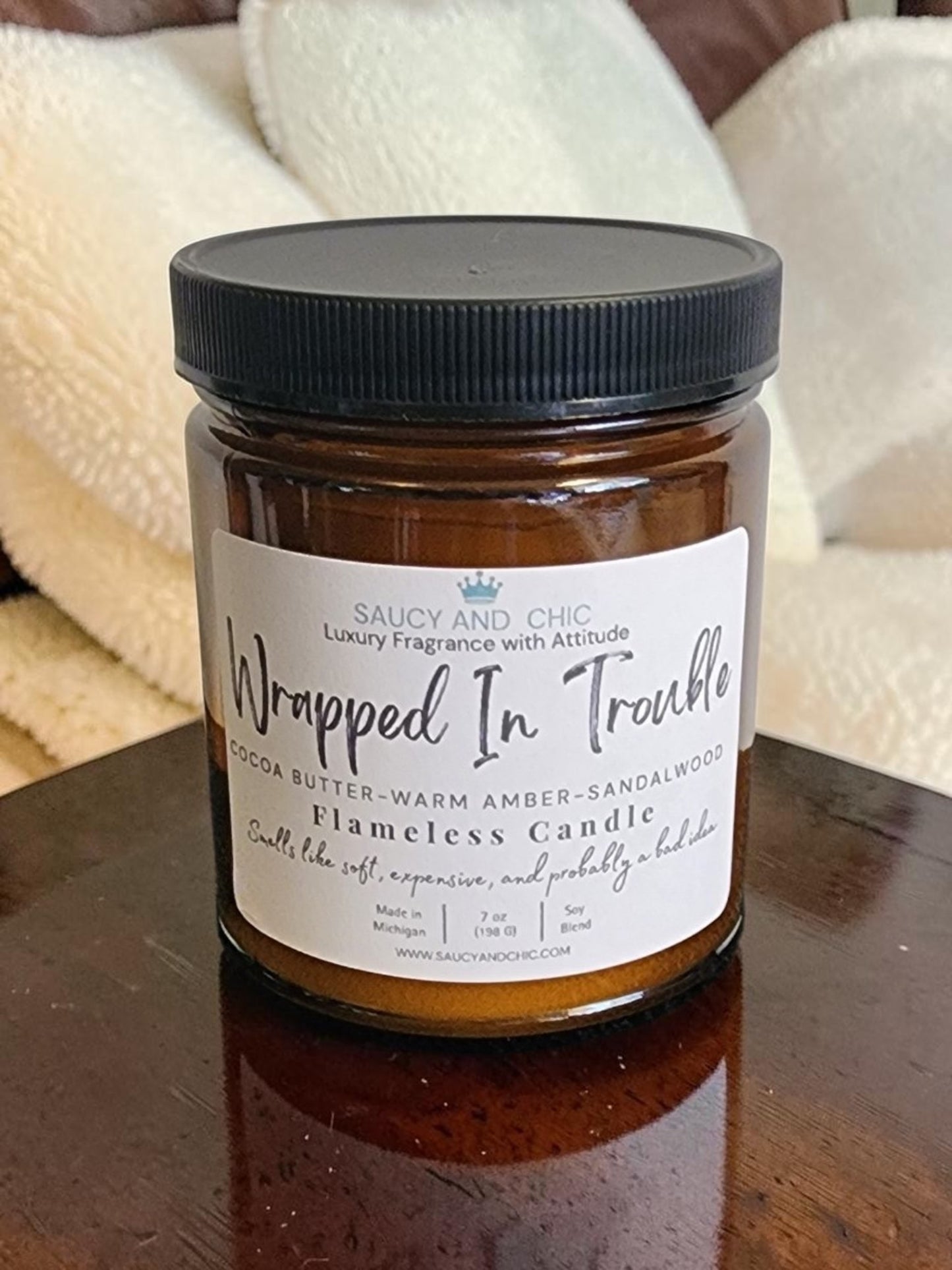 Wrapped in Trouble Cocoa Butter Cashmere wickless candle by Saucy and Chic