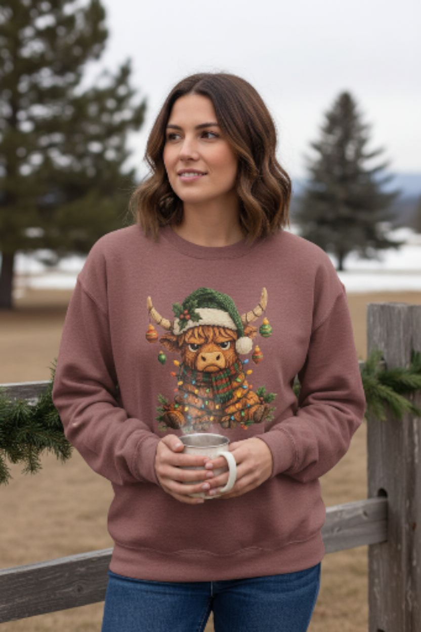 Festive Highland Cow Christmas Sweatshirt – Rustic Holiday Farmhouse Pullover