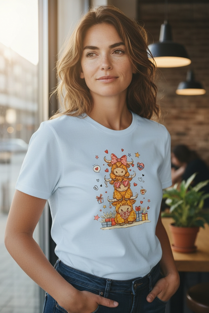 Stacked Highland Cows T-Shirt – Cute Farm Cow Graphic Tee – Funny Western Country Shirt – Cozy Cottagecore Cow Top