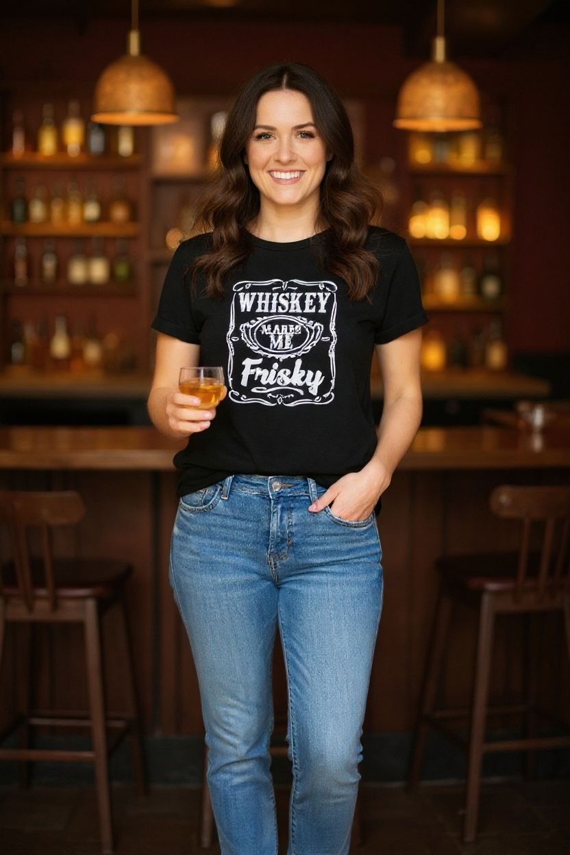 Whiskey Makes Me Frisky Shirt – Funny Adult Graphic Tee for Sassy Nights - Saucy and Chic 