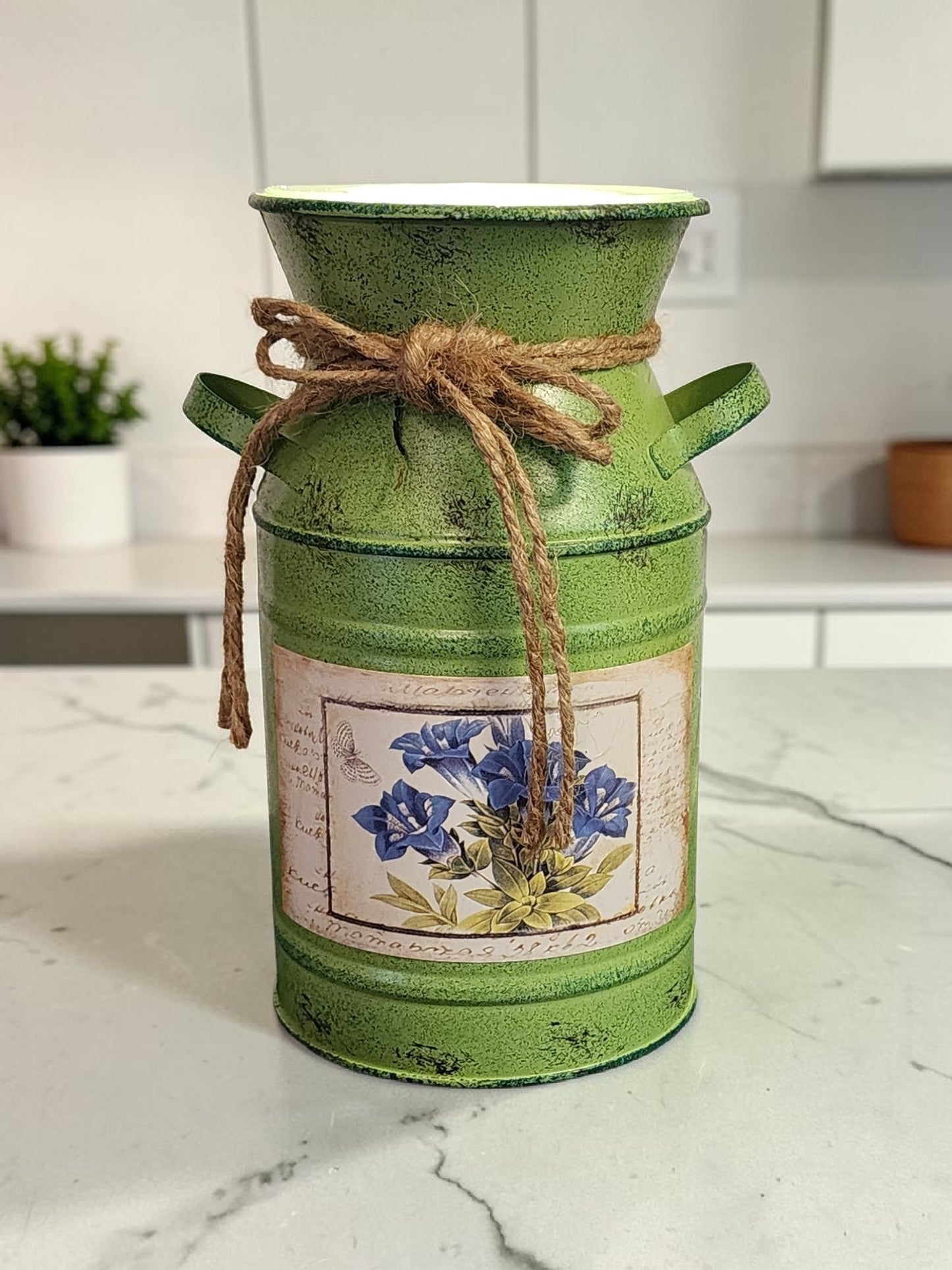 Rustic Green Milk Can Wax Melt Warmer-Vintage Farmhouse Electric Burner With Twine Bow and Blue Floral Detail