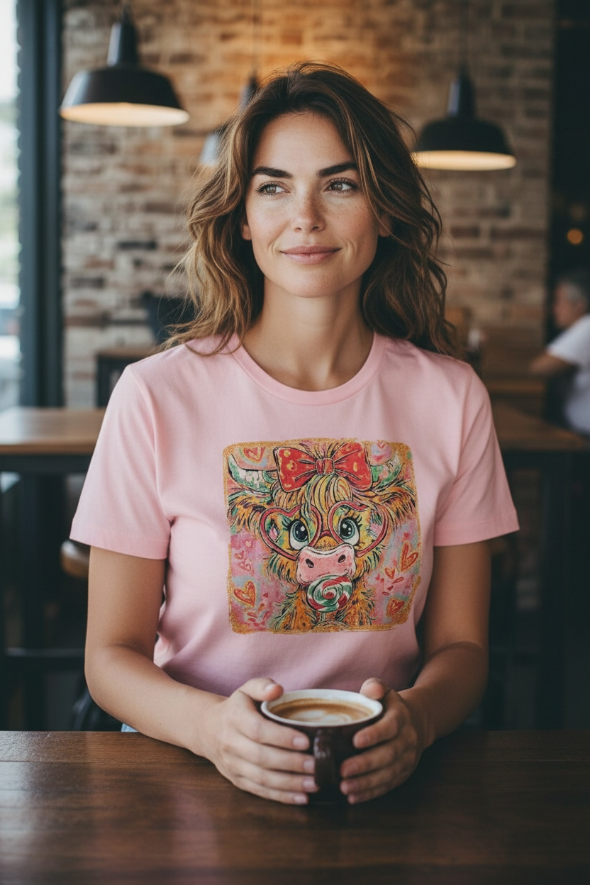 Cute Highland Cow with Lollipop T-Shirt – Adorable Cow Graphic Tee – Sweet Farm Animal Shirt – Kawaii Cottagecore Cow Top 🍭🐮