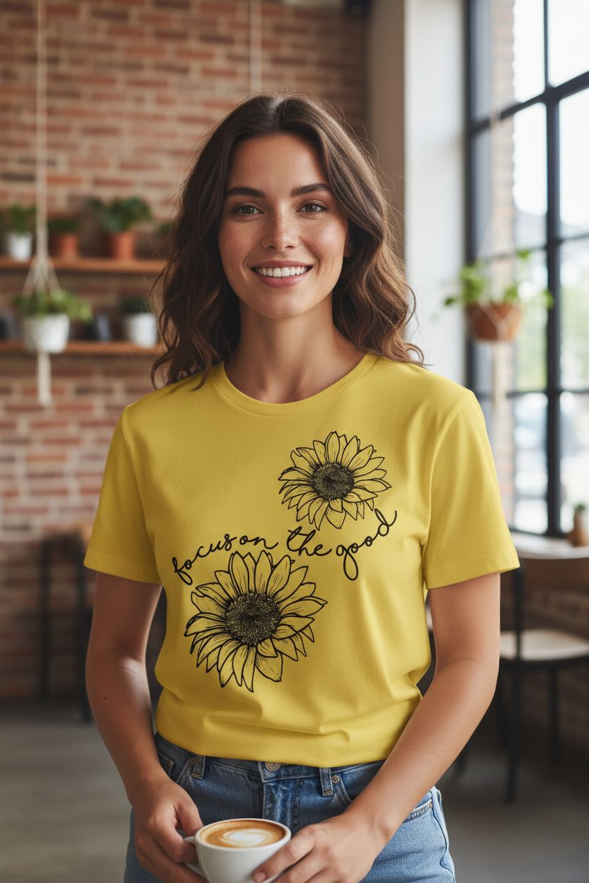 Focus on the Good Sunflower Shirt – Positive Quote Graphic Tee - Saucy and Chic 