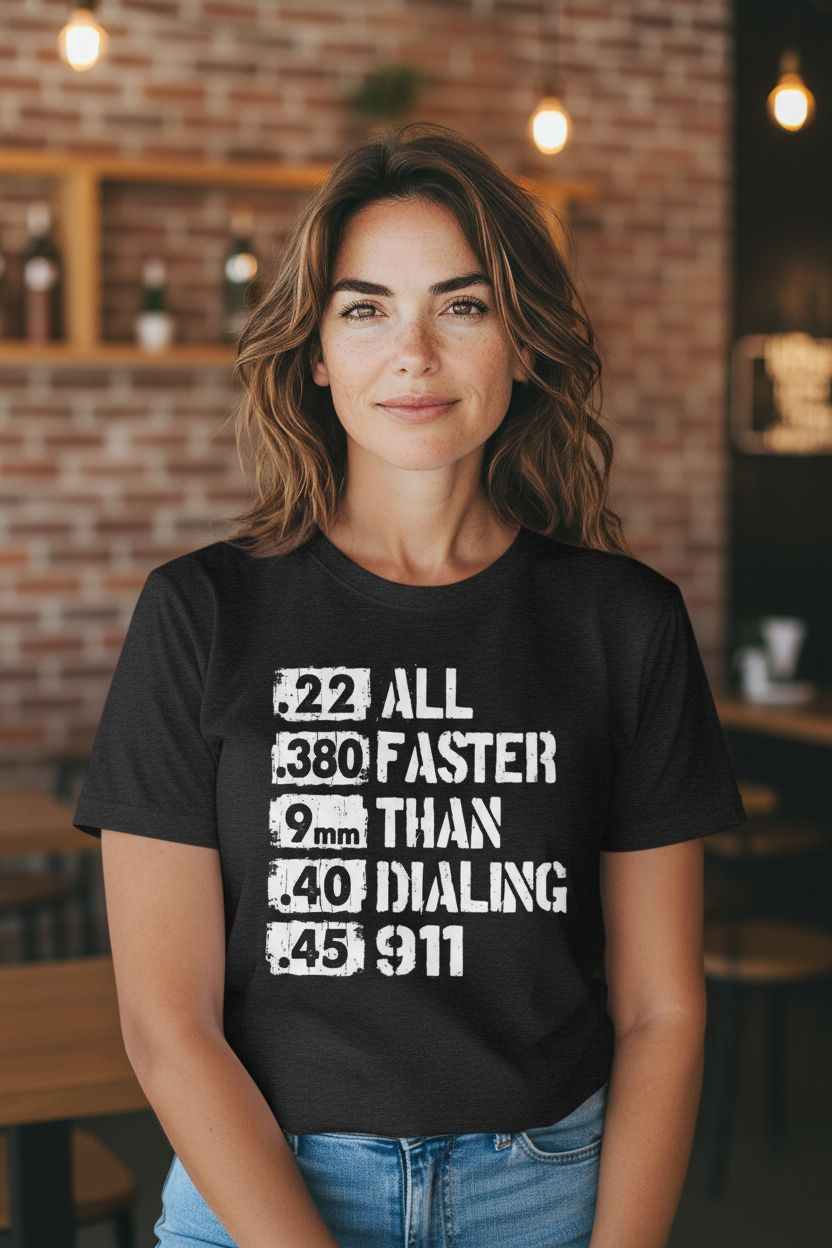 All Faster Than Dialing 911 Shirt - Funny Gun Rights Graphic Tee - Saucy and Chic 