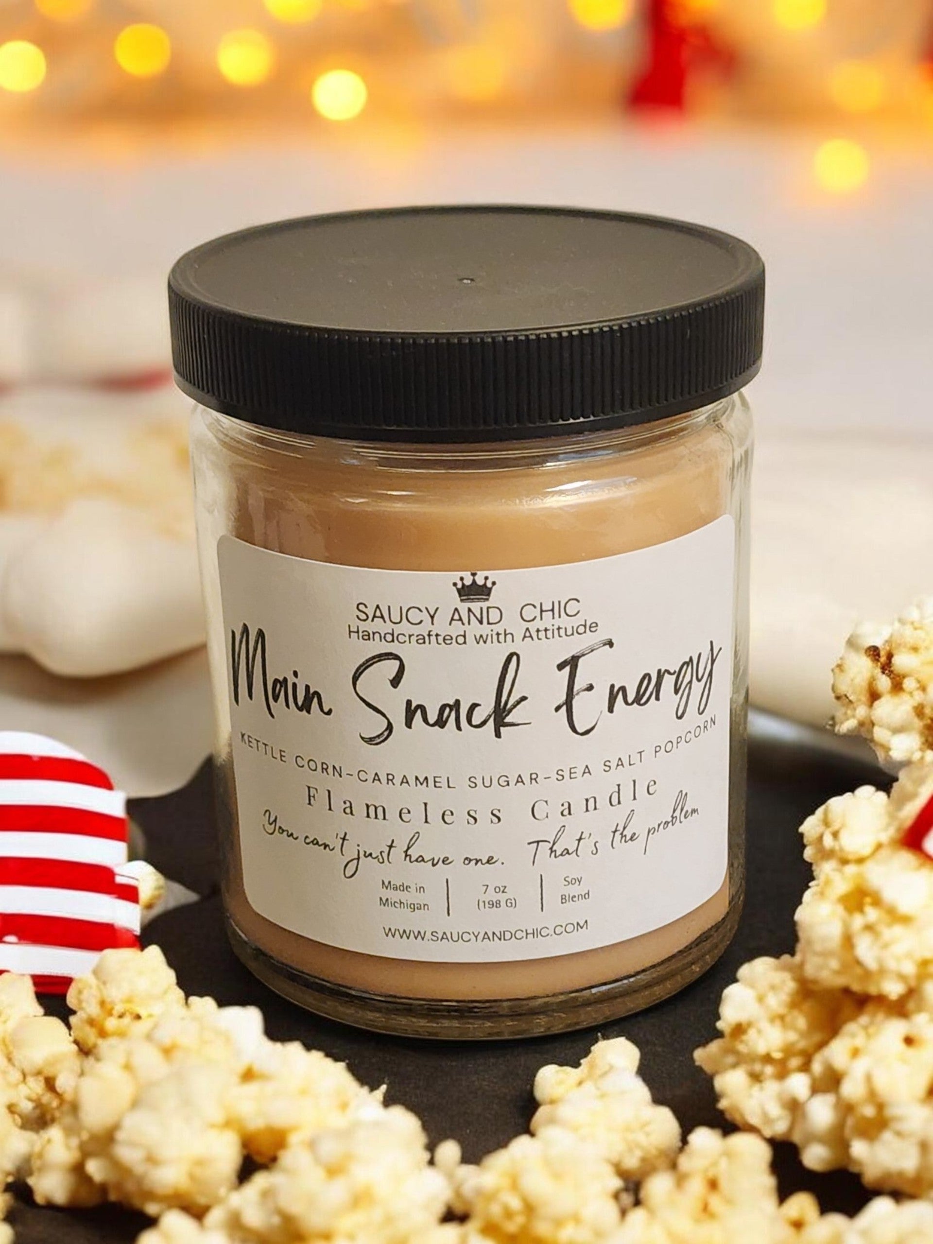 Main Snack Energy kettle corn scented wickless candle by Saucy and Chic