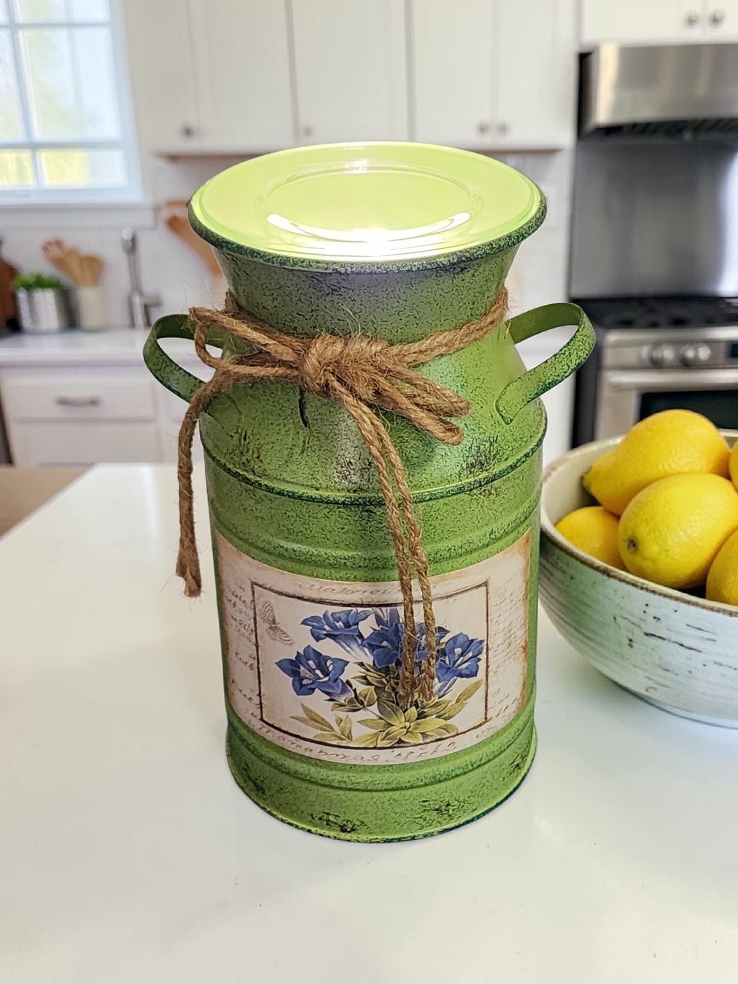 Rustic Green Milk Can Wax Melt Warmer-Vintage Farmhouse Electric Burner With Twine Bow and Blue Floral Detail