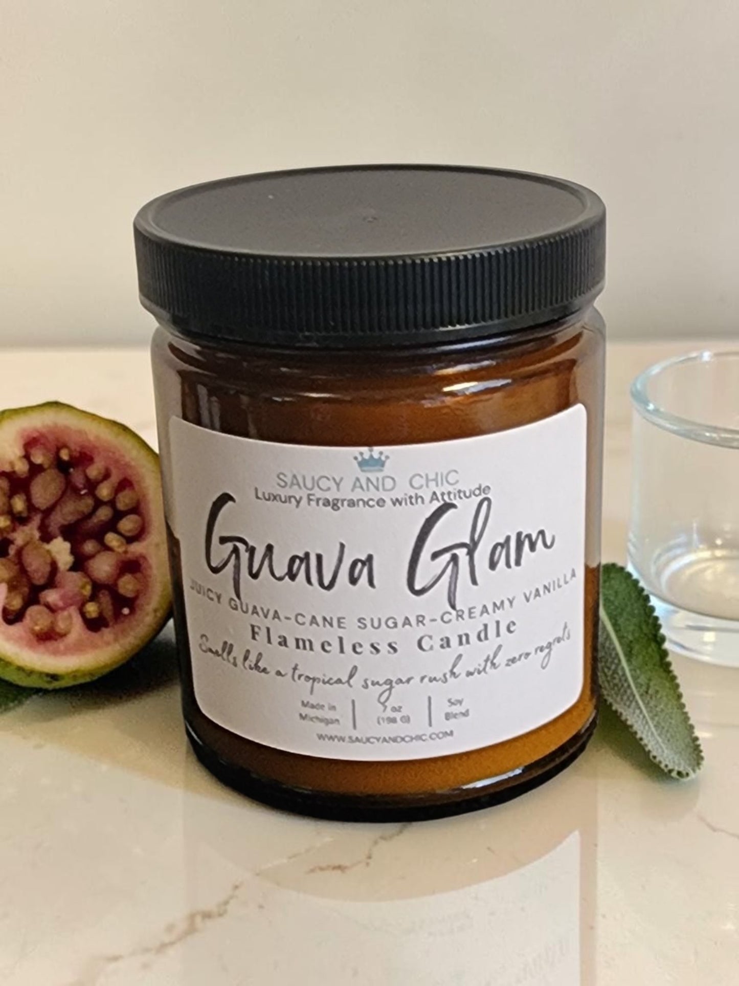 Guava Glam tropical guava wickless candle by Saucy and Chic
