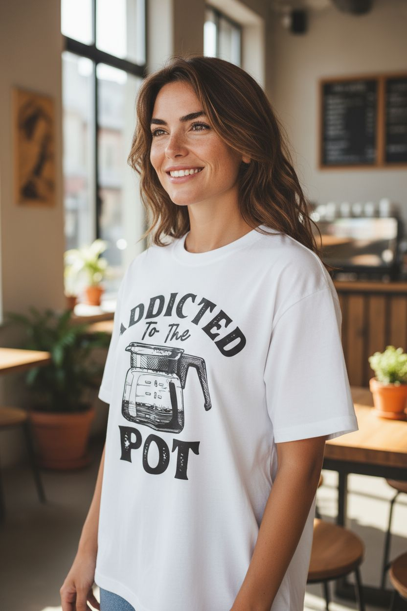Addicted to the Pot - Funny Coffee Lover's Shirt | Humorous Graphic Tee with Coffee Pot - Saucy and Chic 