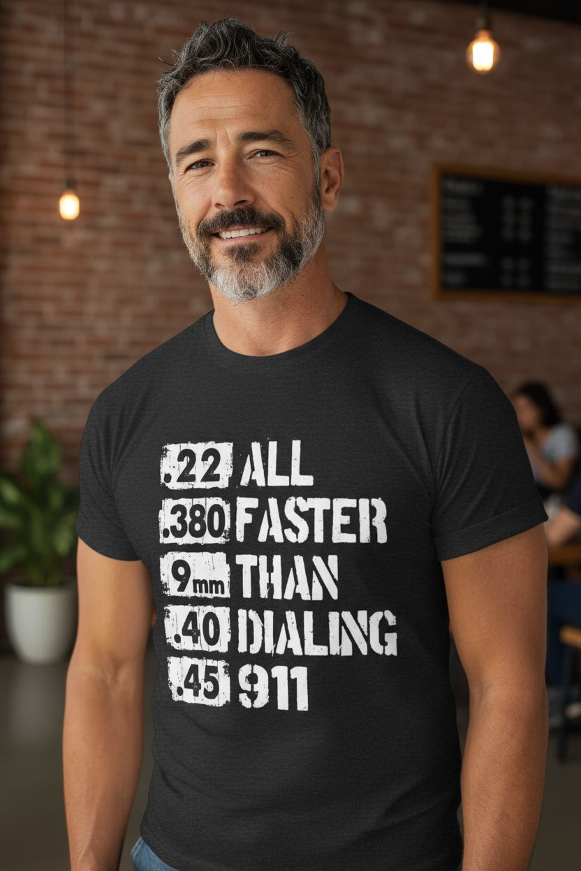 All Faster Than Dialing 911 Shirt - Funny Gun Rights Graphic Tee - Saucy and Chic 