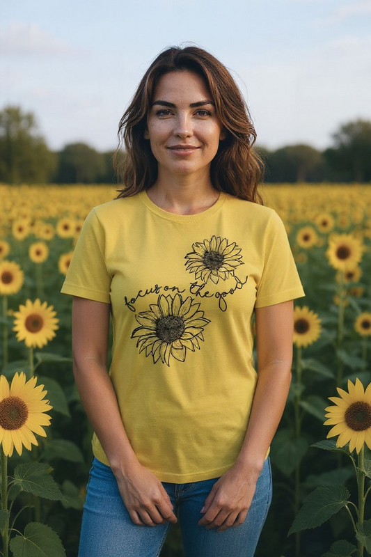 Focus on the Good Sunflower Shirt – Positive Quote Graphic Tee - Saucy and Chic 