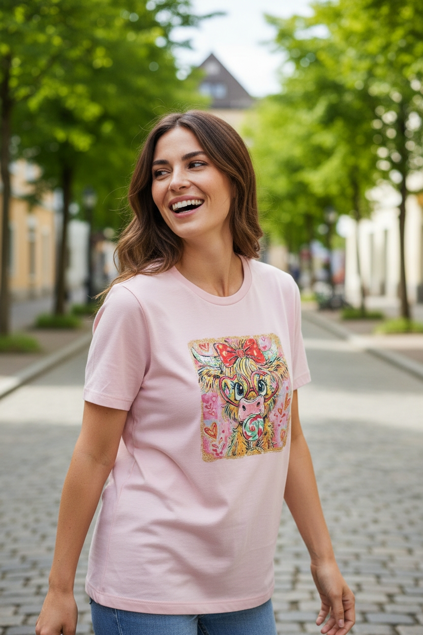 Cute Highland Cow with Lollipop T-Shirt – Adorable Cow Graphic Tee – Sweet Farm Animal Shirt – Kawaii Cottagecore Cow Top 🍭🐮