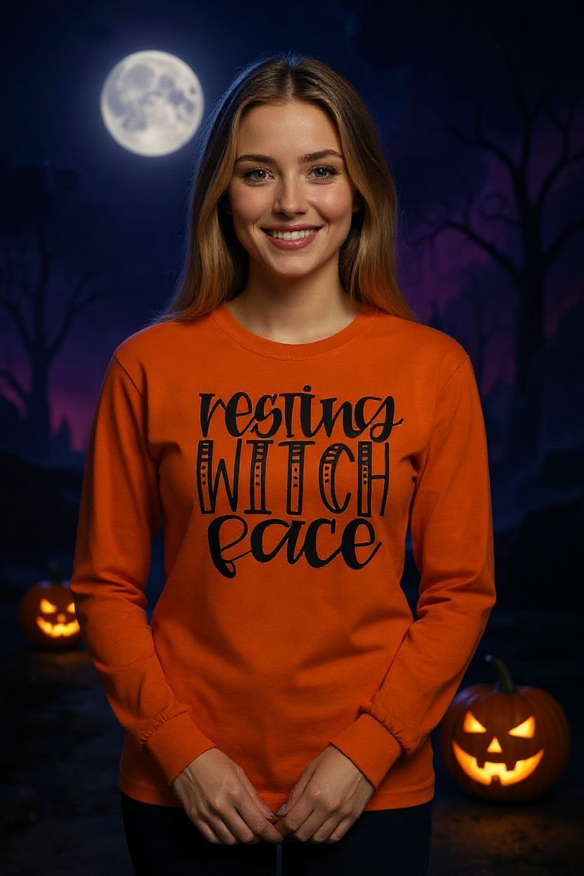 Resting Witch Face Long Sleeve Shirt – Funny Halloween Graphic Tee for Spooky Season - Saucy and Chic 