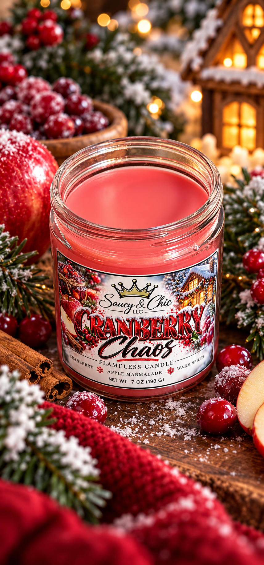 Cranberry Chaos Wickless Candle | Sweet Cranberry & Spiced Holiday Aroma | Saucy & Chic
