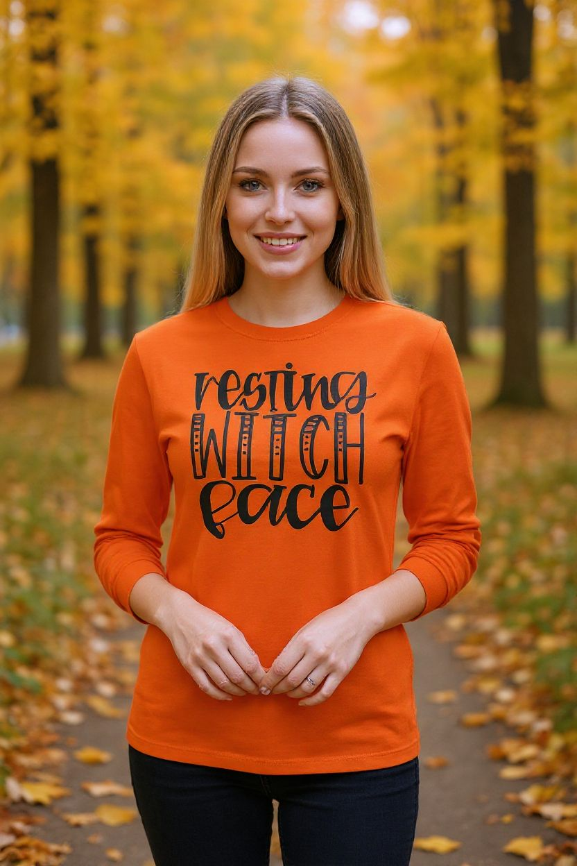 Resting Witch Face Long Sleeve Shirt – Funny Halloween Graphic Tee for Spooky Season - Saucy and Chic 