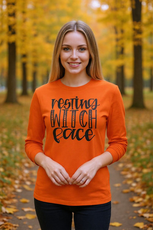 Resting Witch Face Long Sleeve Shirt – Funny Halloween Graphic Tee for Spooky Season - Saucy and Chic 