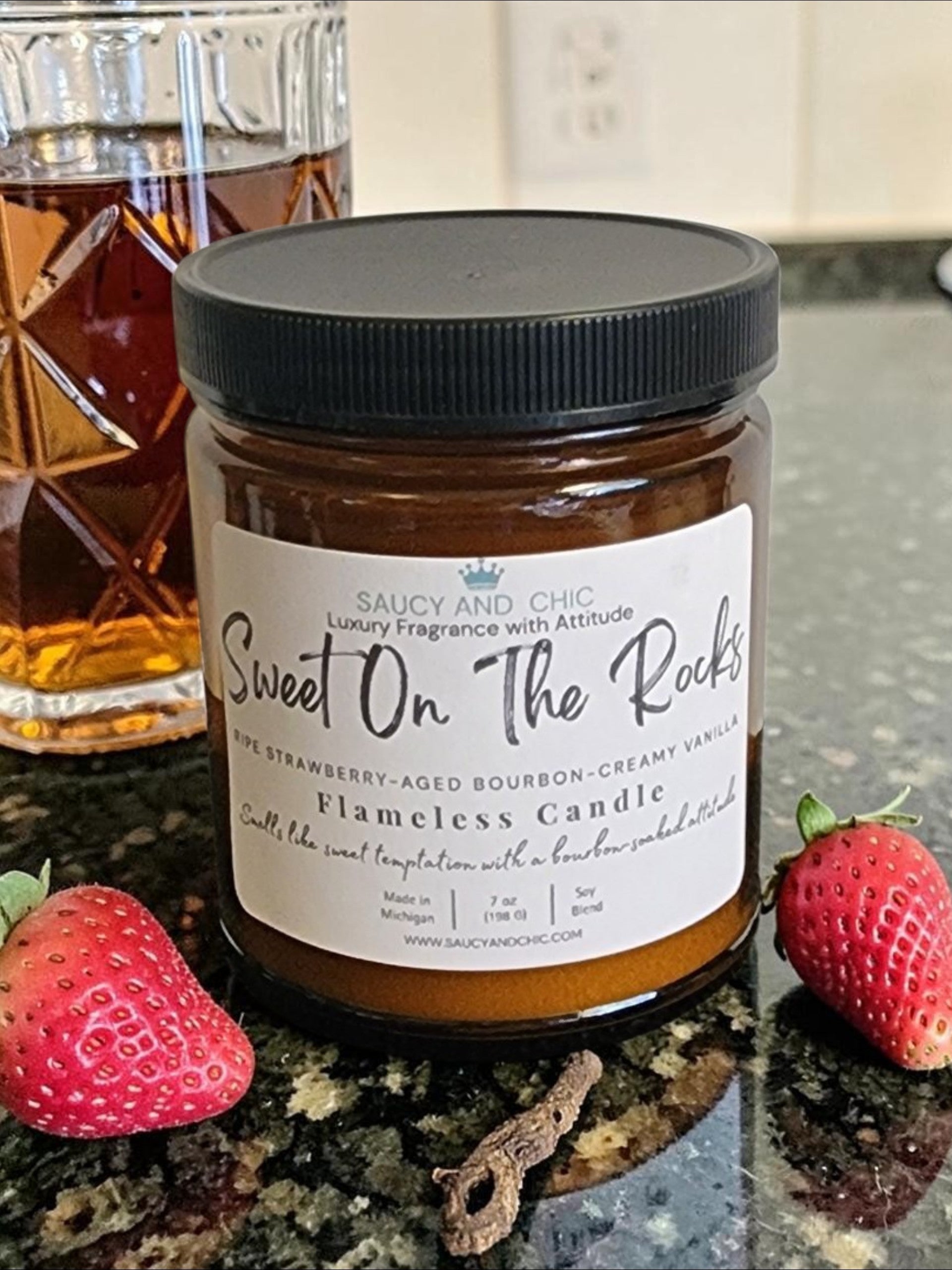 Sweet on the Rocks strawberry bourbon and vanilla wickless candle by Saucy and Chic.”