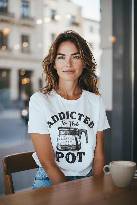 Addicted to the Pot - Funny Coffee Lover's Shirt | Humorous Graphic Tee with Coffee Pot - Saucy and Chic 