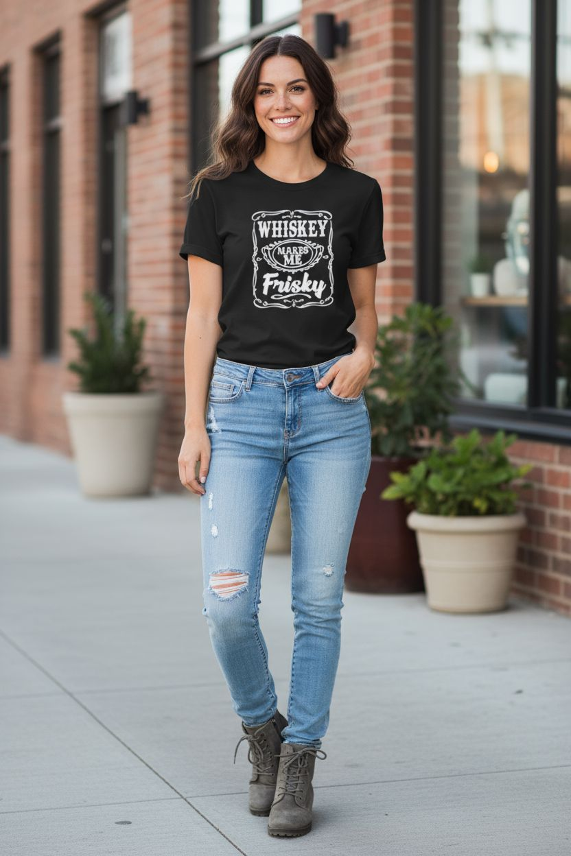 Whiskey Makes Me Frisky Shirt – Funny Adult Graphic Tee for Sassy Nights - Saucy and Chic 