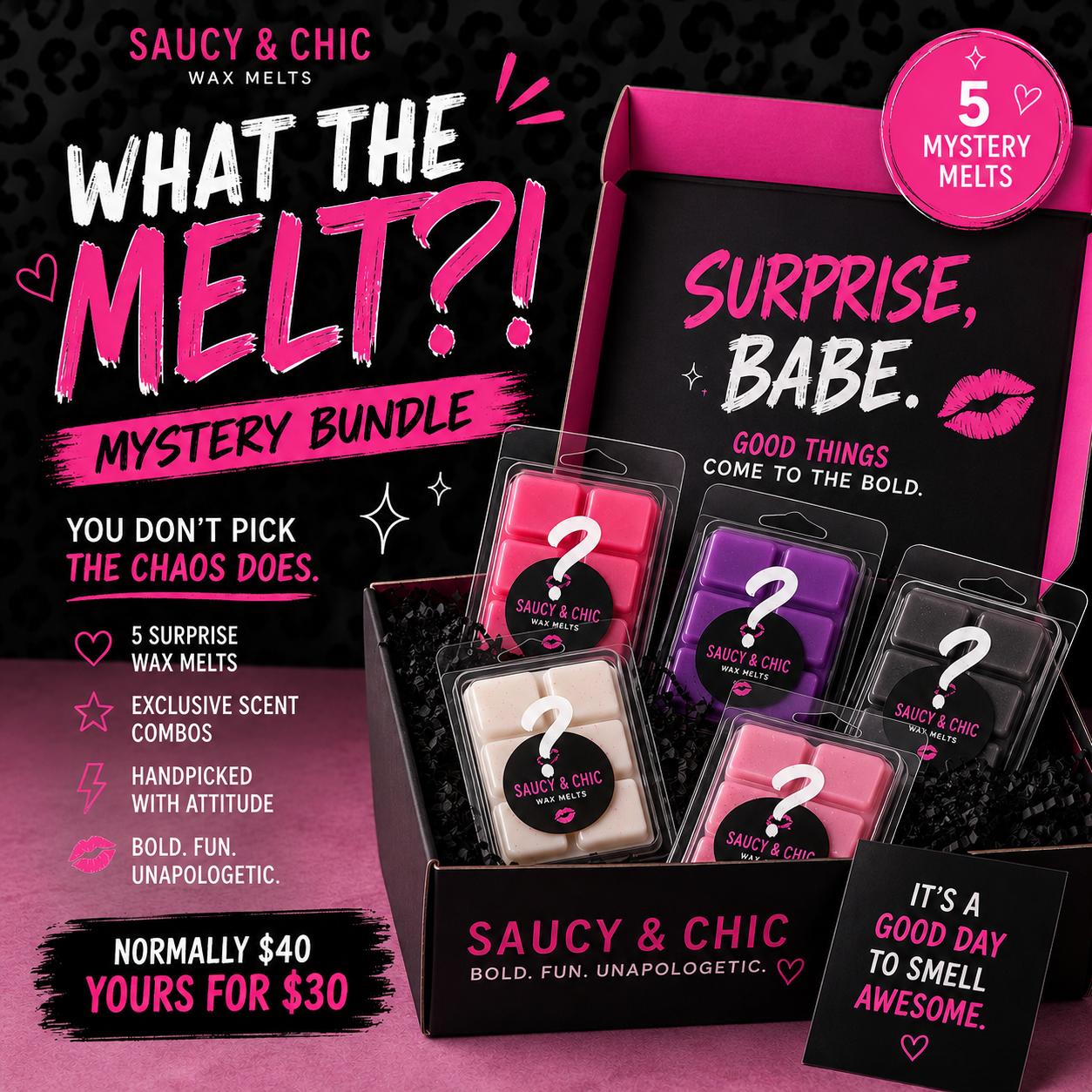 What The Melt?! Mystery Wax Melt Bundle | 5 Surprise Wax Melts | Saucy & Chic