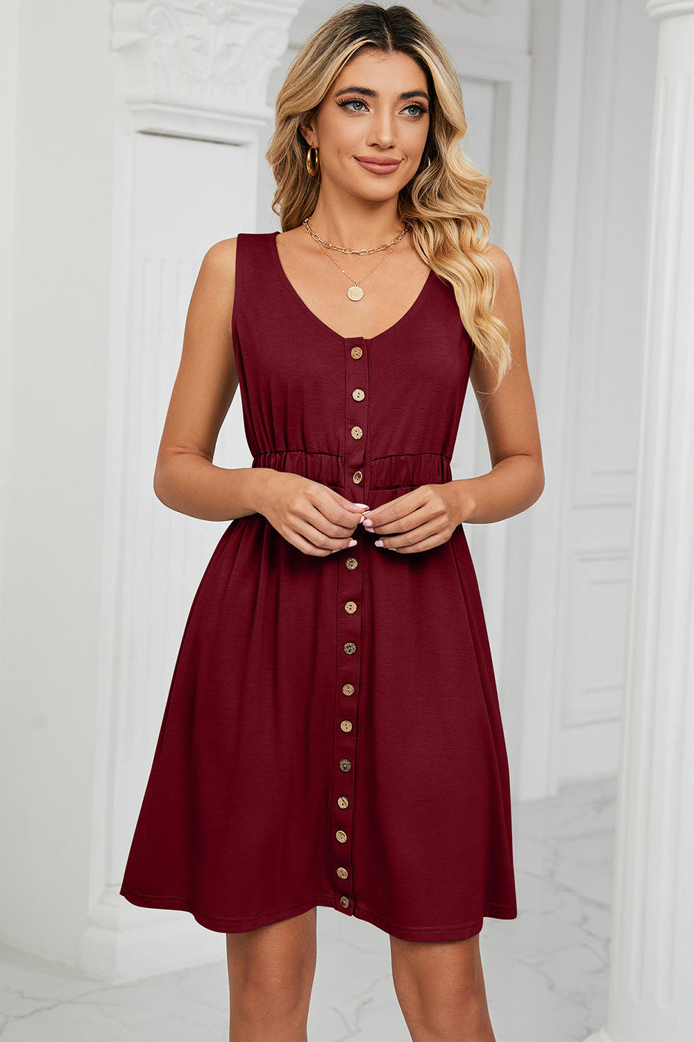 comfortable mini dress Buttoned Wide Strap Mini Dress Wine / L
