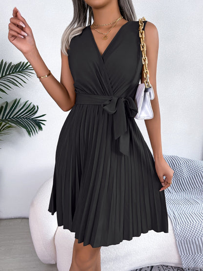 Tied Surplice Sleeveless Pleated Dress - Saucy and Chic 