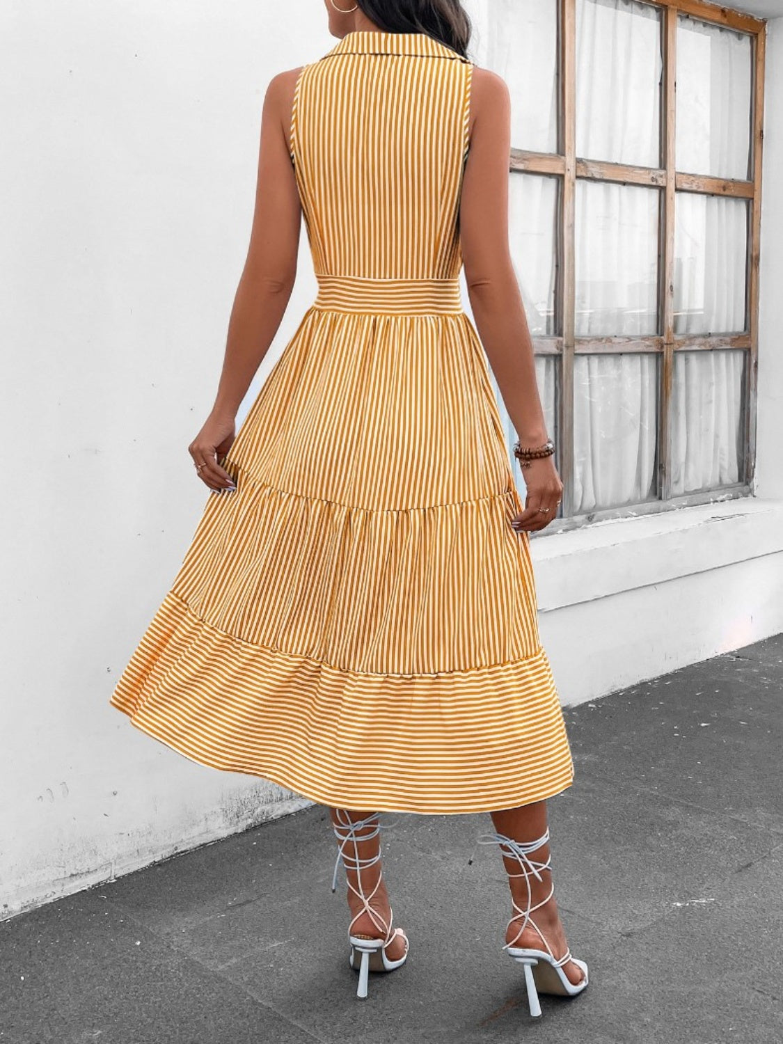 Striped Johnny Collar Sleeveless Midi Dress - Saucy and Chic 