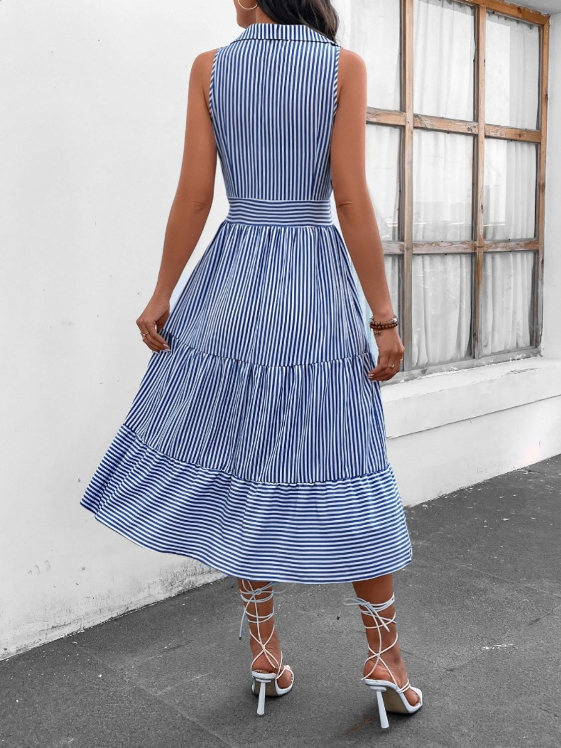 Striped Johnny Collar Sleeveless Midi Dress - Saucy and Chic 