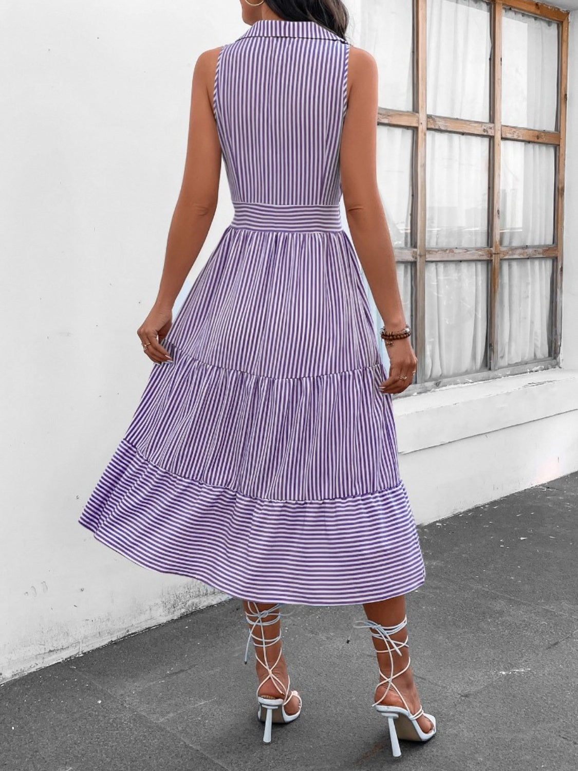 Striped Johnny Collar Sleeveless Midi Dress - Saucy and Chic 