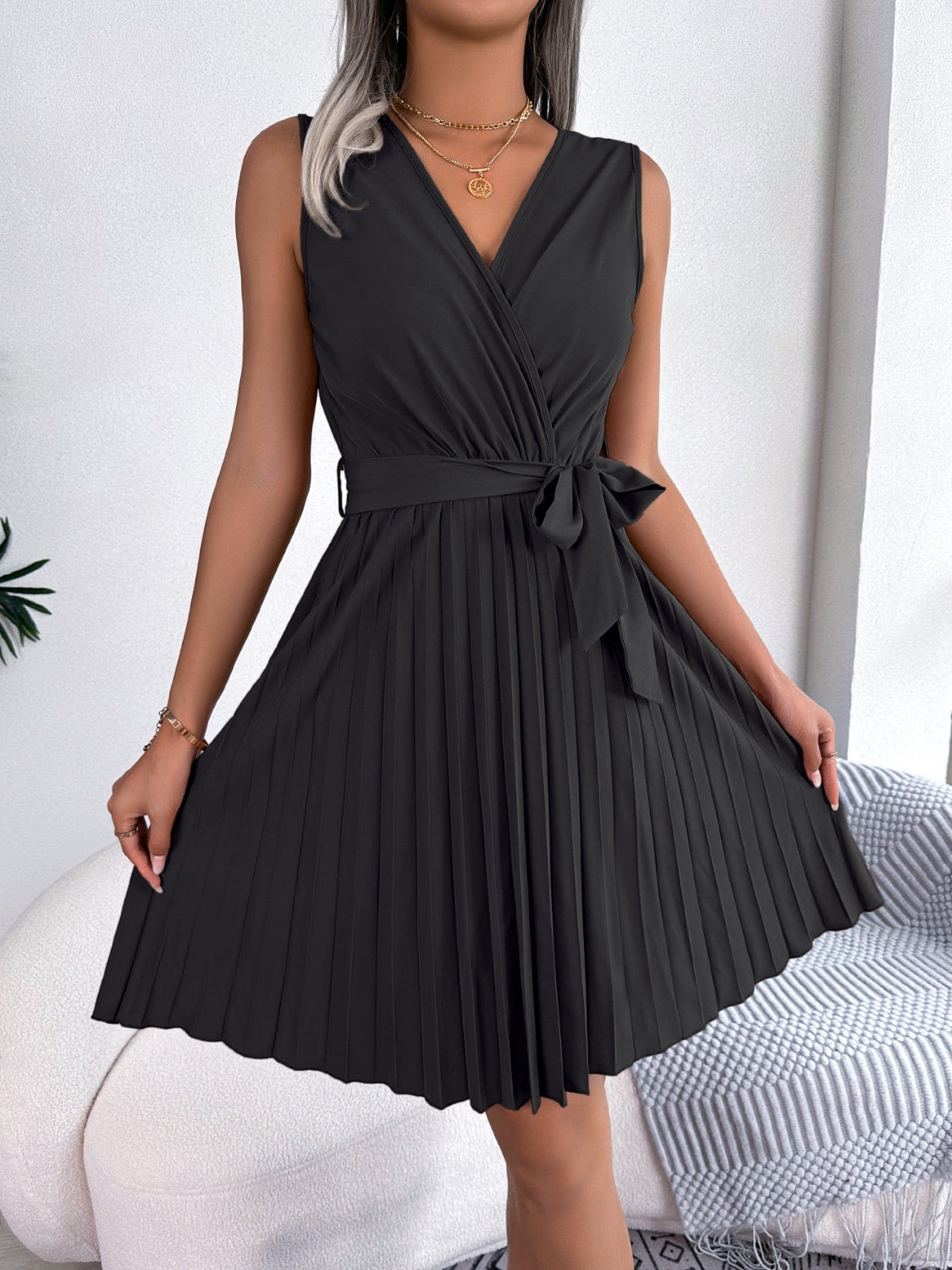 Tied Surplice Sleeveless Pleated Dress - Saucy and Chic 