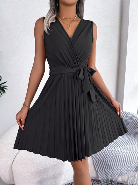 Tied Surplice Sleeveless Pleated Dress - Saucy and Chic 