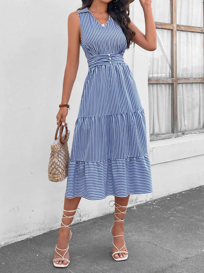 Striped Johnny Collar Sleeveless Midi Dress - Saucy and Chic 