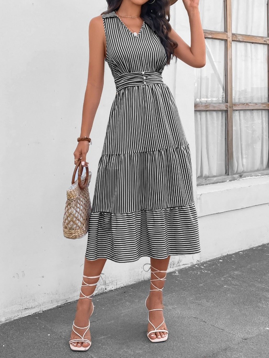 Striped Johnny Collar Sleeveless Midi Dress - Saucy and Chic 