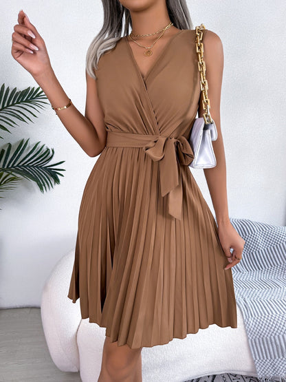 Tied Surplice Sleeveless Pleated Dress - Saucy and Chic 