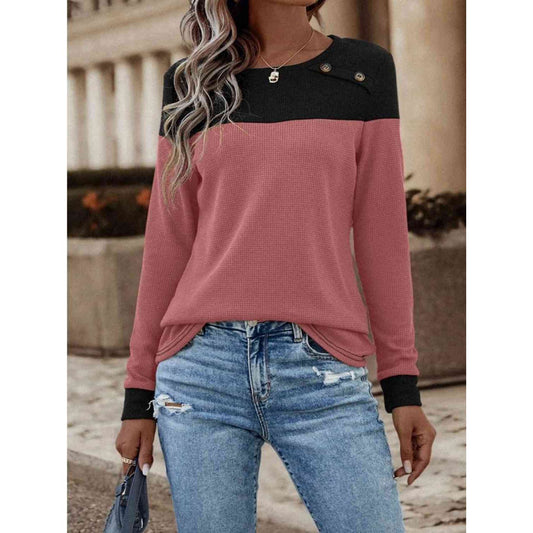 Contrast Buttoned Round Neck Long Sleeve T-Shirt - Saucy and Chic