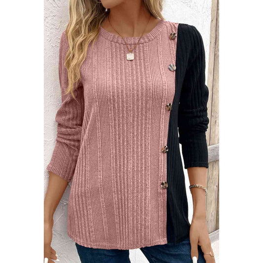 Contrast Long Sleeve Knit Top - Saucy and Chic
