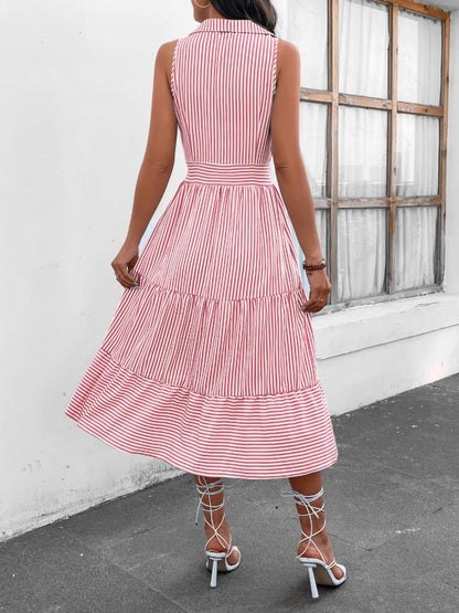 Striped Johnny Collar Sleeveless Midi Dress - Saucy and Chic 