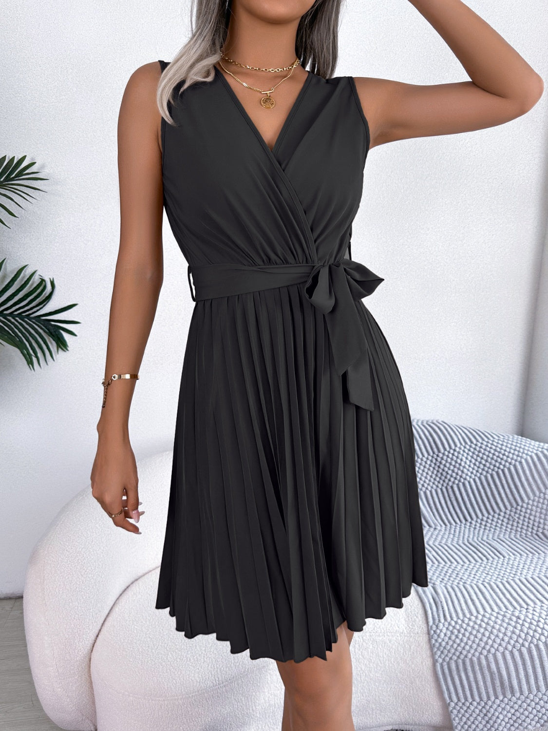 Tied Surplice Sleeveless Pleated Dress - Saucy and Chic 