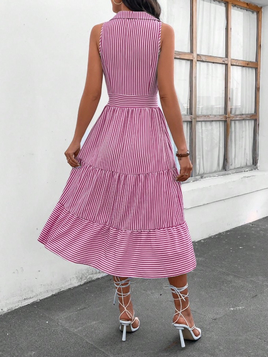 Striped Johnny Collar Sleeveless Midi Dress - Saucy and Chic 