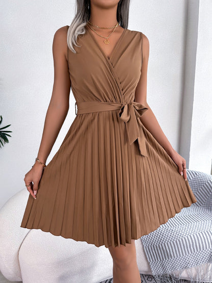 Tied Surplice Sleeveless Pleated Dress - Saucy and Chic 