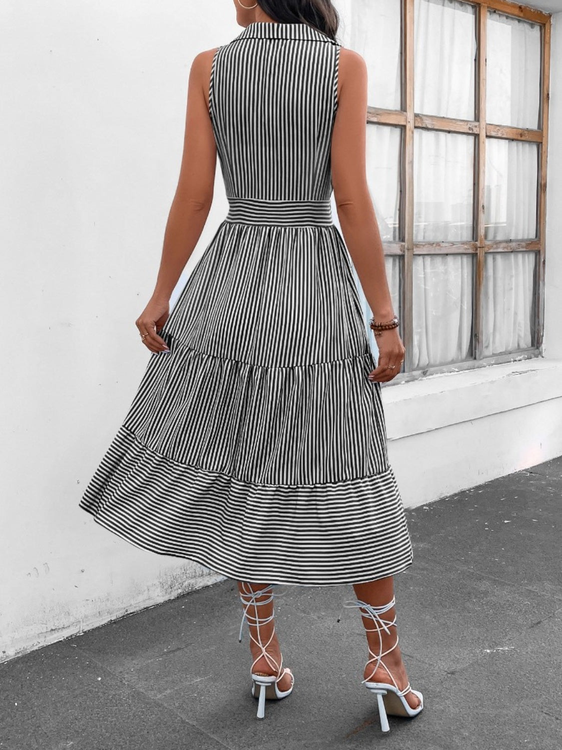 Striped Johnny Collar Sleeveless Midi Dress - Saucy and Chic 