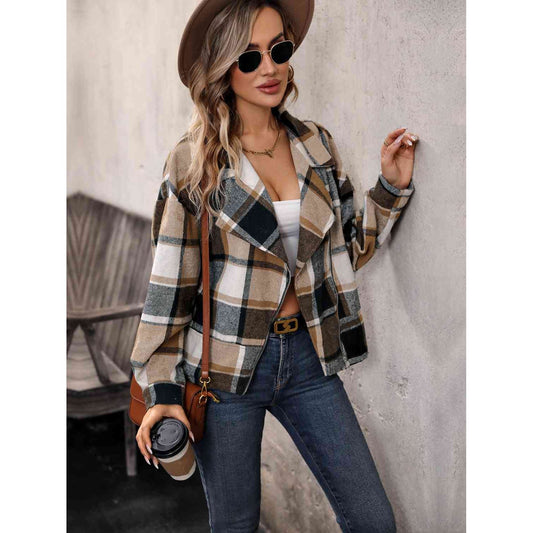 Plaid Collared Neck Long Sleeve Jacket - Saucy and Chic