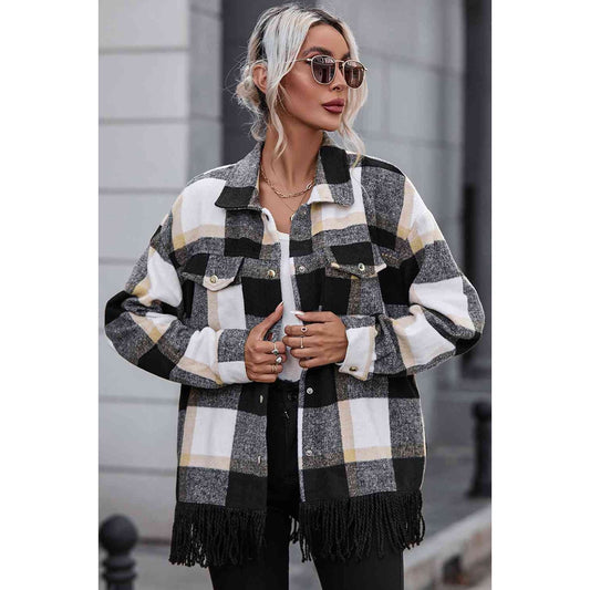 Plaid Collared Neck Snap Front Jacket - Saucy and Chic