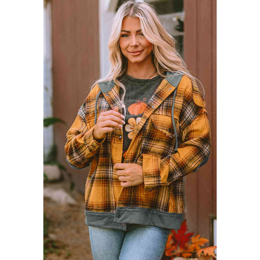 Plaid Hooded Button Front Jacket - Saucy and Chic