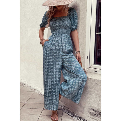 Printed Square Neck Jumpsuit with Pockets - Saucy and Chic