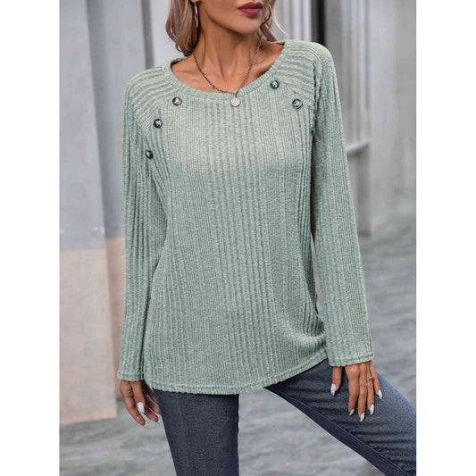 Ribbed Buttoned Round Neck Long Sleeve T-Shirt - Saucy and Chic