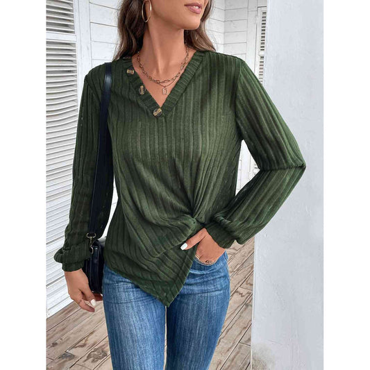Twisted V-Neck Buttoned Long Sleeve T-Shirt - Saucy and Chic